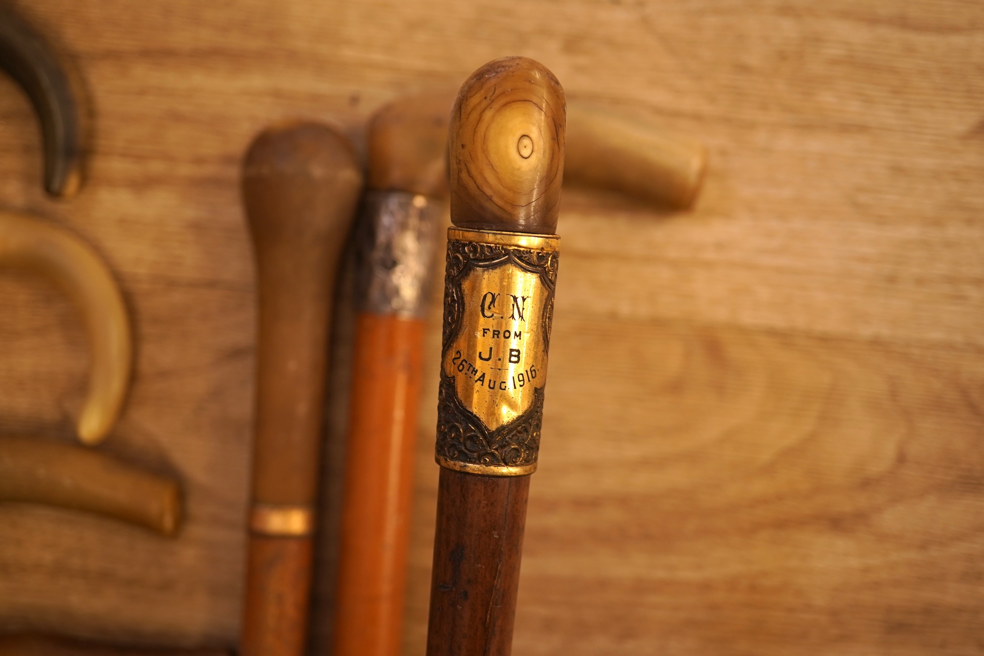 A collection of seven horn handles walking sticks some gold and white metal mounted